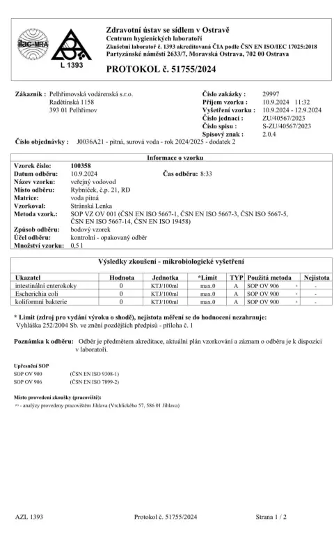 Nadlimit bakterií v pitné vodě- aktualizace k 16.9.2024